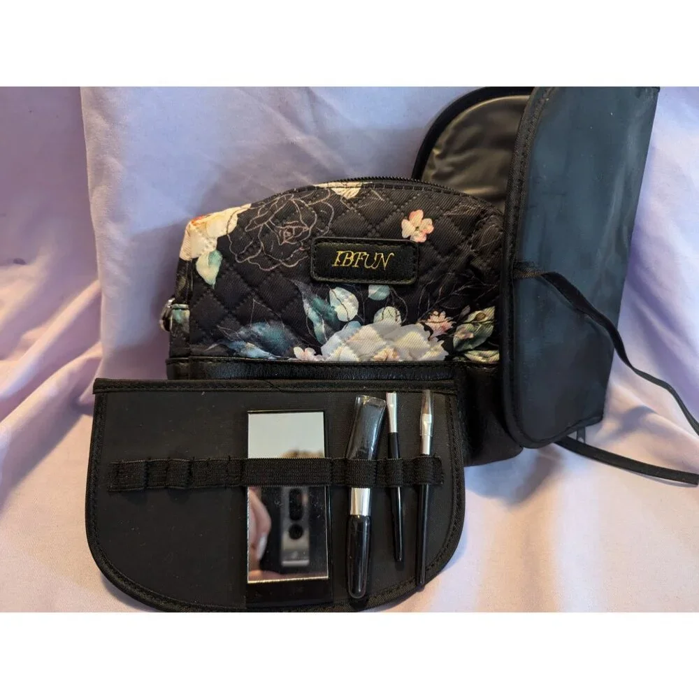 Ibfun Quilted Floral Makeup Bag With Brush Set & Mirror
